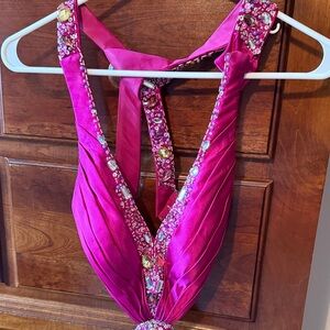 Val Stefani Vibrant Fuchsia Halter Dress with Jewel Trim